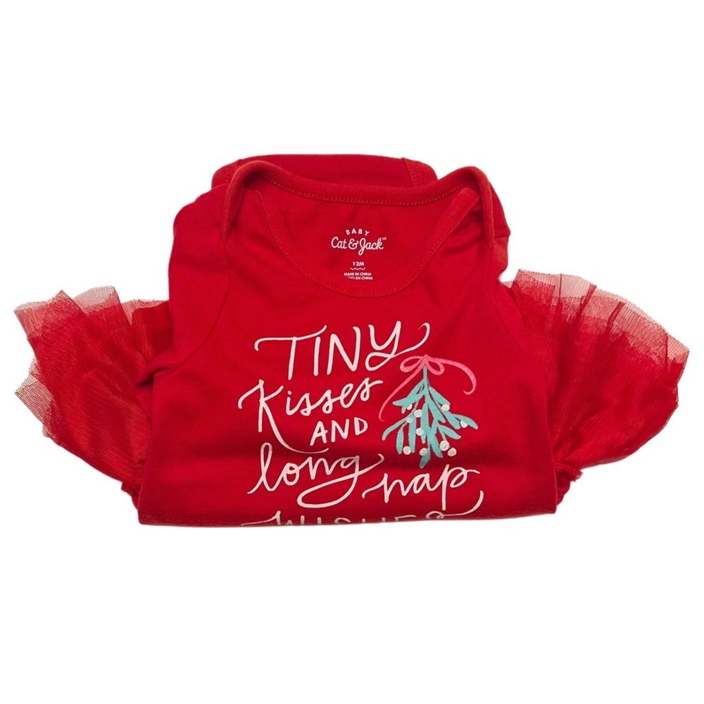 Cat & Jack Baby Girl Red Long Sleeve Christmas Holiday Bodysuit | Size 12 Month - Picture 4 of 5